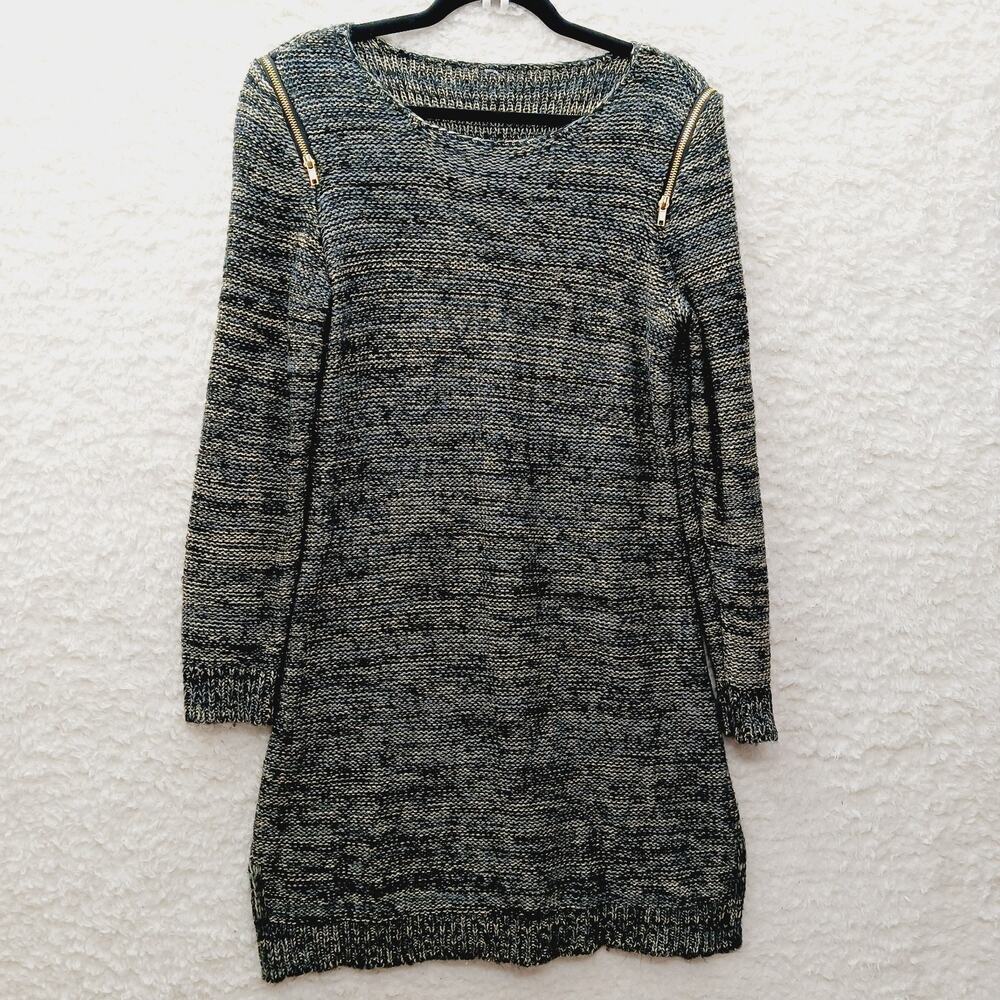 Dress Bodycon Sweater Zippers Black Brown Tweed Notations Pullover Size 18